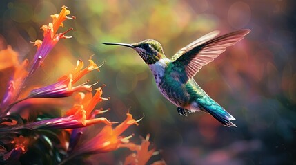 hummingbird in flight on colorful nature background 