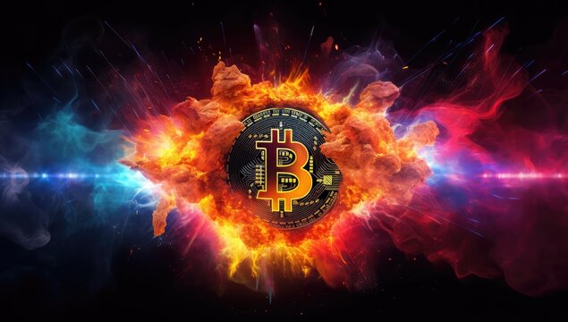 Bitcoin symbol in flame of fire. 