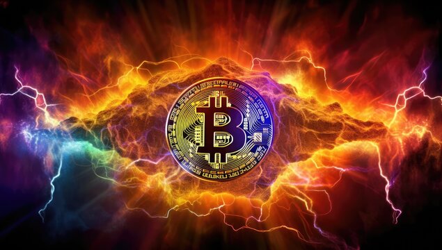 Bitcoin symbol in flame of fire. 