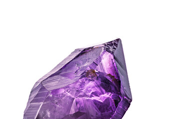 amethyst crystal point isolated on white blackground. macro detail  background. close-up Rough raw unpolished semi-precious gemstone.