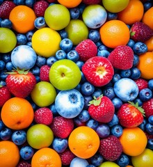 Fototapeta na wymiar Fruity background, oranges, strawberries, kiwi, blueberries, tangerines, lemons, a rainbow of fruit, Generative AI Art Illustration 06