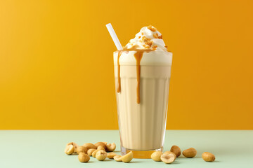 Peanut butter smoothie, milk shake with a lot of peanuts, whipped cream and caramel sauce, isolated on flat yellow background, copy space for text. Generative AI 3d render illustration imitation.