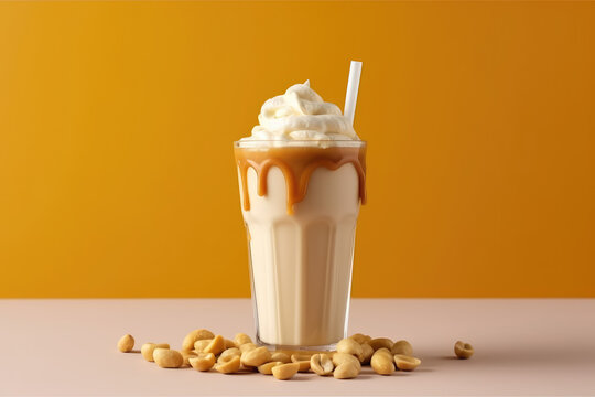 Peanut butter smoothie, milk shake in glass with a lot of peanuts, whipped cream and caramel sauce, isolated on orange background, copy space for text. Generative AI 3d render illustration imitation.
