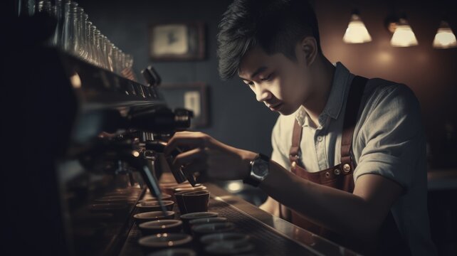 Barista Male Asian Young Adult Preparing Espresso Shots For Drinks In Coffee Shop. Generative AI AIG22.