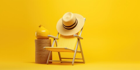 Beach chair and straw hat on yellow background 