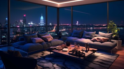 Luxury penthouse living room with a night city view. generative AI illustration.