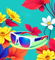 Sunglasses, exotic leaves and flowers, bright colors, Generative AI Art Illustration 08