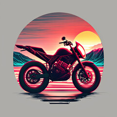 Obraz na płótnie Canvas action shot of a motorbike synthases t-shirts vector enclosed in a circle sunset contour