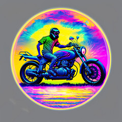 Fototapeta na wymiar action shot of a motorbike synthase t-shirts vector enclosed in a circle sunset contour