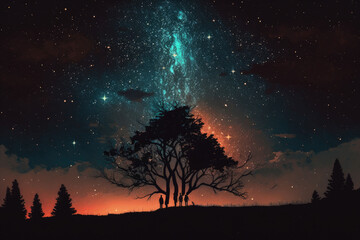 Tree forest under a beautiful starry sky, AI generated