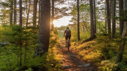Fototapeta premium A person is riding a bicycle on a path in the mountains, AI generated