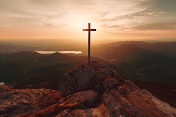The cross of God on a hill in the rays of the sun, sunset, cross on top of a hill