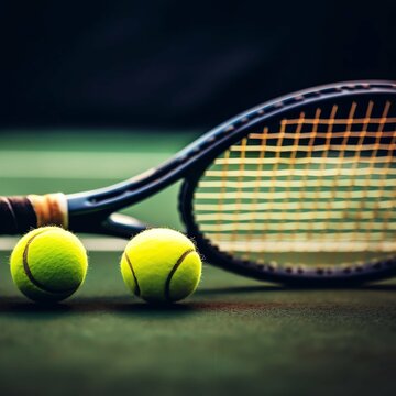 A tennis ball and tennis racket on the court