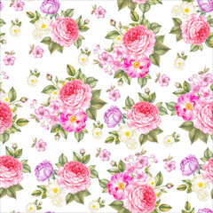 Seamless pattern of roses. Vintage bouquet of blooming roses.