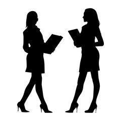 Vector illustration. Silhouette of a woman businesswoman with a folder of documents in her hand. Two colleagues.