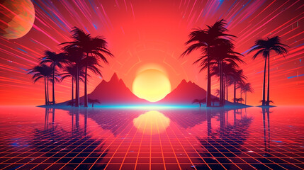 Obraz na płótnie Canvas 3d sunset on the beach. Retro palms sci fi background with ocean. Sun reflection in water. Futuristic landscape 1980s style. Digital landscape cyber surface. 80s party background. Generative AI