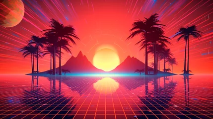Keuken foto achterwand 3d sunset on the beach. Retro palms sci fi background with ocean. Sun reflection in water. Futuristic landscape 1980s style. Digital landscape cyber surface. 80s party background. Generative AI © Fantastic