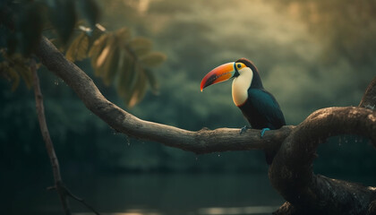Fototapeta premium Toucan perching on branch in vibrant tropical rainforest environment generated by AI