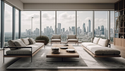 Modern luxury apartment with panoramic cityscape view, comfortable armchair relaxation generated by AI