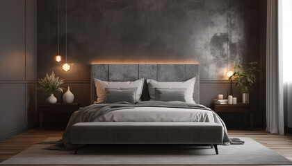 Cozy modern bedroom with elegant design and comfortable bedding generated by AI