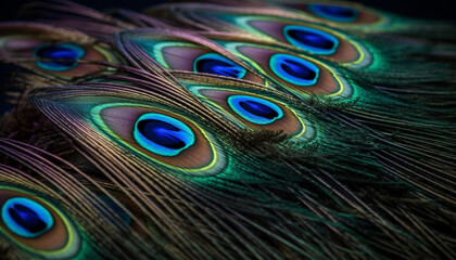 Vibrant peacock tail showcases beauty in nature abstract decoration generated by AI