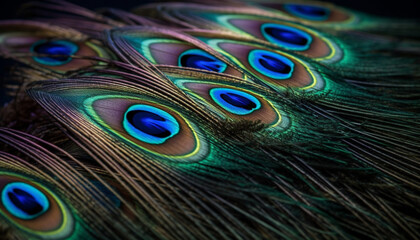 Obraz premium Vibrant peacock tail showcases beauty in nature abstract decoration generated by AI