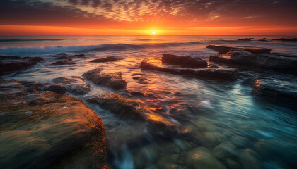 Tranquil sunset over rocky coastline, natural beauty in motion generated by AI