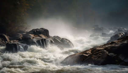 Beauty in nature Wave splashing on wet rock, seascape adventure generated by AI