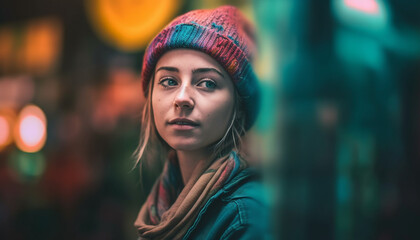 Young woman in warm clothing smiling, looking at camera confidently generated by AI