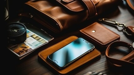 a cell phone on a leather case. Generative AI Art.