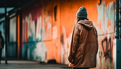 Hooded man walking alone in city, feeling loneliness and depression generated by AI