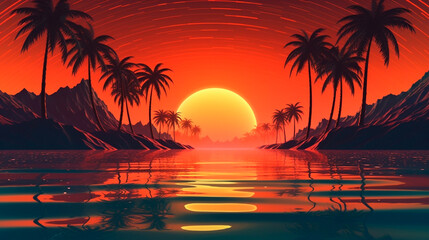 Fototapeta na wymiar 3d sunset on the beach. Retro palms sci fi background with ocean. Sun reflection in water. Futuristic landscape 1980s style. Digital landscape cyber surface. 80s party background. Generative AI
