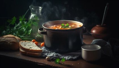 Obraz na płótnie Canvas Rustic soup meal with fresh vegetables and homemade bread generated by AI