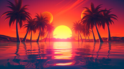 Naklejka na ściany i meble 3d sunset on the beach. Retro palms sci fi background with ocean. Sun reflection in water. Futuristic landscape 1980s style. Digital landscape cyber surface. 80s party background. Generative AI