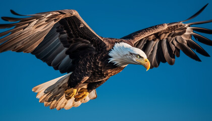 Bald eagle soaring majestically in clear blue sky, talons extended generated by AI