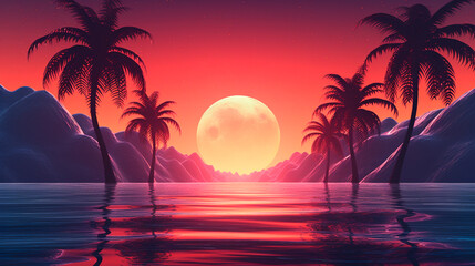 Fototapeta na wymiar 3d sunset on the beach. Retro palms sci fi background with ocean. Sun reflection in water. Futuristic landscape 1980s style. Digital landscape cyber surface. 80s party background. Generative AI