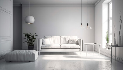 Modern apartment design with comfortable sofa, pillow, and electric lamp generated by AI