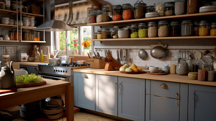 A tidy kitchen with storage solutions for cooking essentials and spices. Generative AI