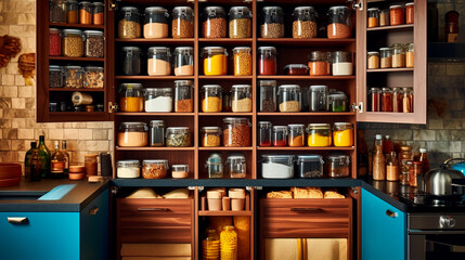 A tidy kitchen with storage solutions for cooking essentials and spices. Generative AI - obrazy, fototapety, plakaty