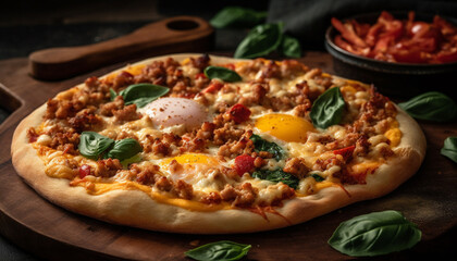 Freshly baked pizza on rustic wood table with mozzarella and tomato generated by AI