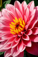 Fototapeta premium blossom dahlia flower with pink yellow color, micro photography, Generative AI illustrations