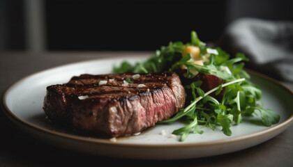 Juicy grilled fillet steak on a plate with fresh salad generated by AI