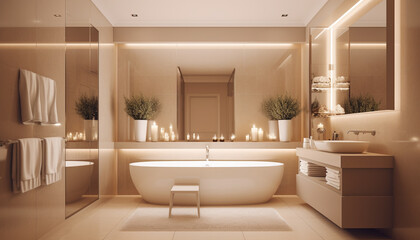 Fototapeta na wymiar Luxury modern bathroom design with elegant bathtub and bright lighting generated by AI