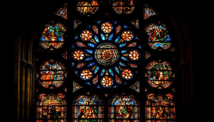 Stained glass window in gothic cathedral illuminates spirituality and history generated by AI