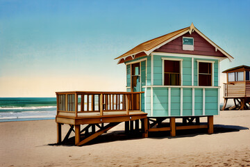 Fototapeta premium Empty beach with the famous vintage wooden lifeguard hut. Beautiful house on the beach. generative AI