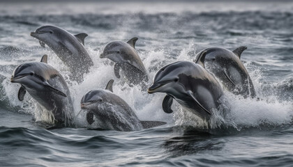 Obraz premium Playful dolphins jumping in the blue sea, enjoying summer fun generated by AI