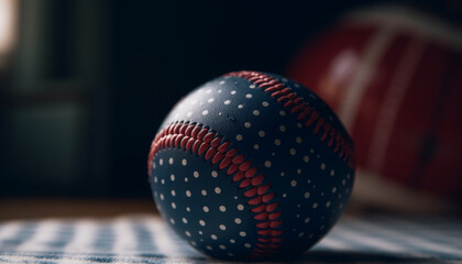 Blue leather baseball on striped table, focus on foreground generated by AI