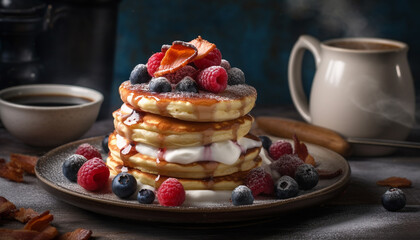 Fresh homemade berry pancakes on rustic wood table with yogurt generated by AI - obrazy, fototapety, plakaty