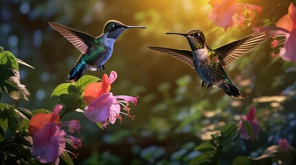 Hummingbirds flying to pick up nectar from a beautiful flowerd. Digital artwork generative AI
