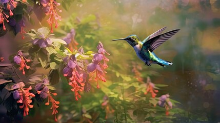 Hummingbirds flying to pick up nectar from a beautiful flowerd. Digital artwork generative AI